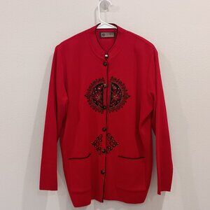 Vintage Jingfa Red Asian Inspired Women's Sweater XL, circa 1990s